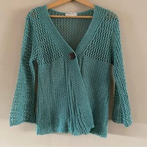 Vintage Maria Lisa Women Blue Crochet One-Button Cardigan Scandi Boho Y2K SMALL